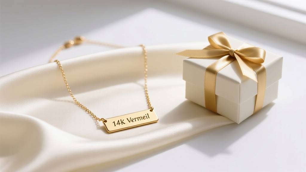 Elegant flat lay of a customized 14k gold vermeil nameplate necklace resting on cream silk fabric next to a small wrapped gift box