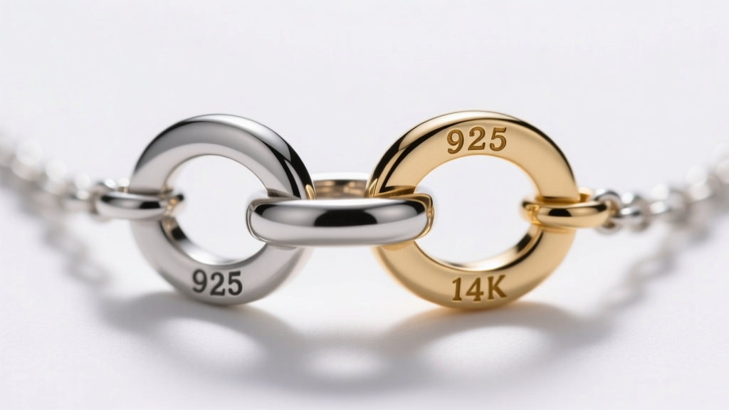 Macro shot of a necklace clasp showing 925 and 14k hallmarks stamped on mixed-metal jump rings under bright studio light.