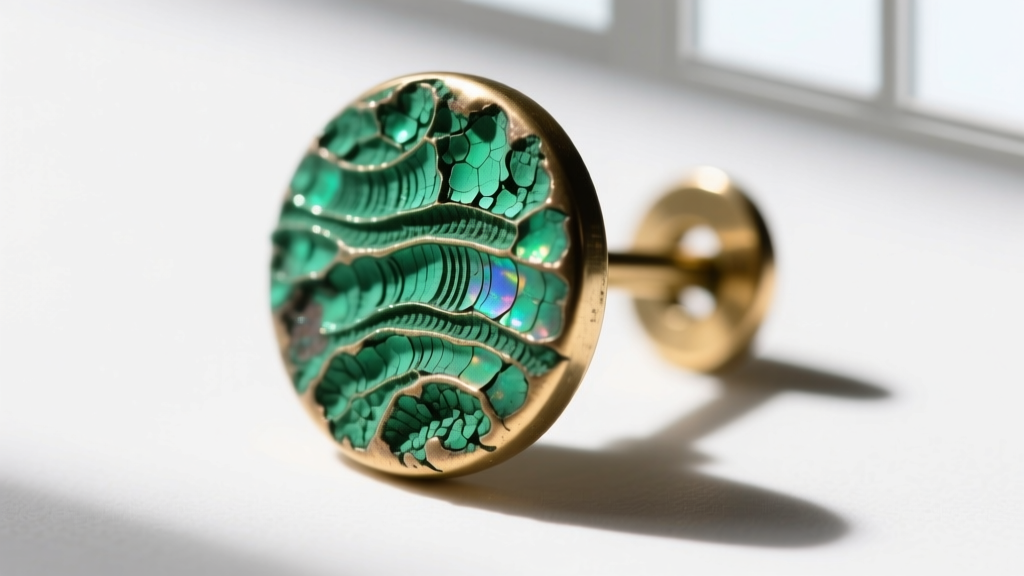 Macro photography of green verdigris oxidation buildup on a cheap brass earring post, set against a stark white background