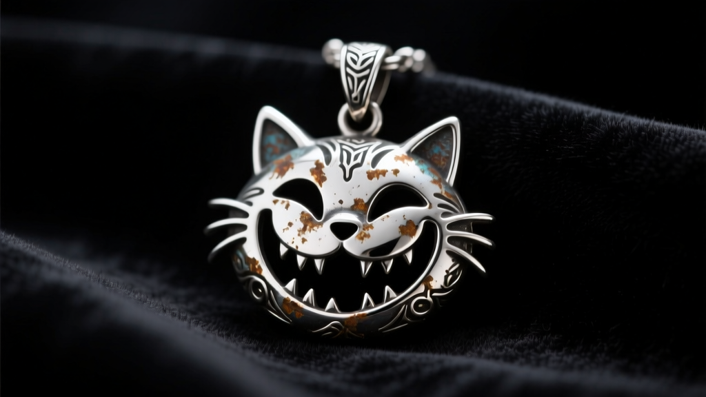 Macro shot of an oxidized silver Cheshire Cat pendant from Alice Madness Returns on dark velvet under moody studio lighting.