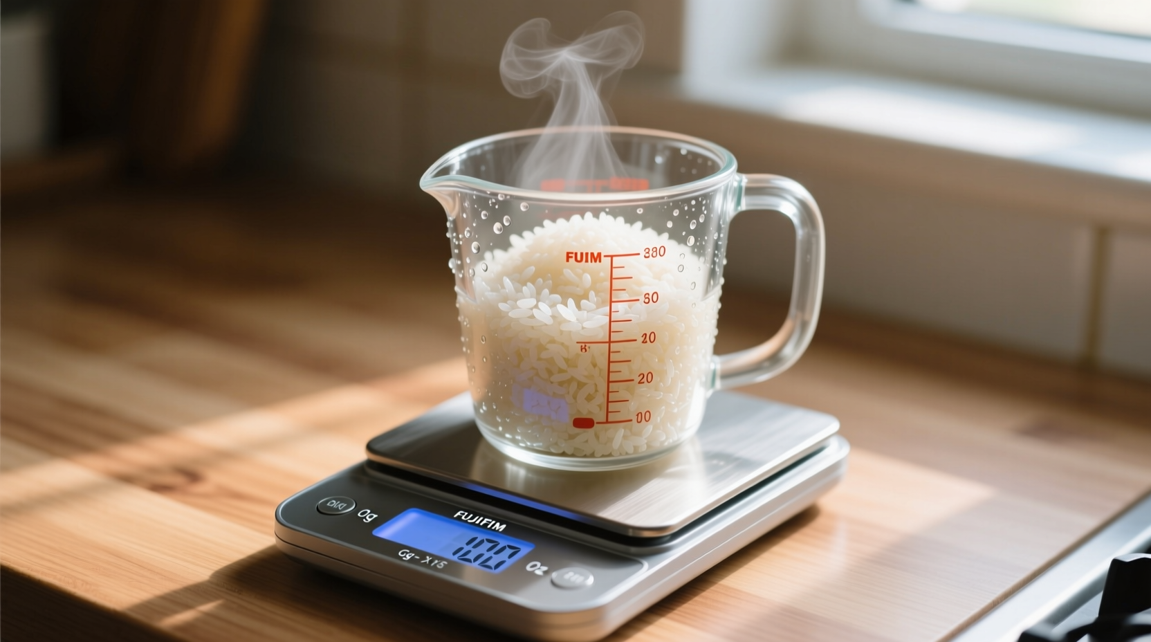 Measuring cooked rice in a clear measuring cup on kitchen scale