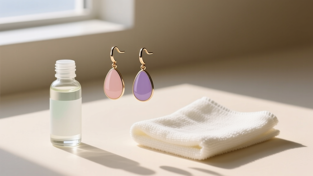 Flat lay of pastel enamel rabbit drop earrings next to a glass bottle of jewelry cleaning solution and a folded microfiber cloth.