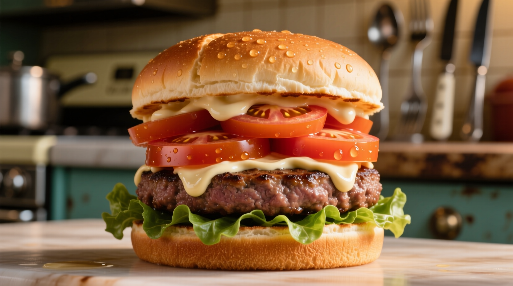 Perfectly layered tomato burger with visible moisture control
