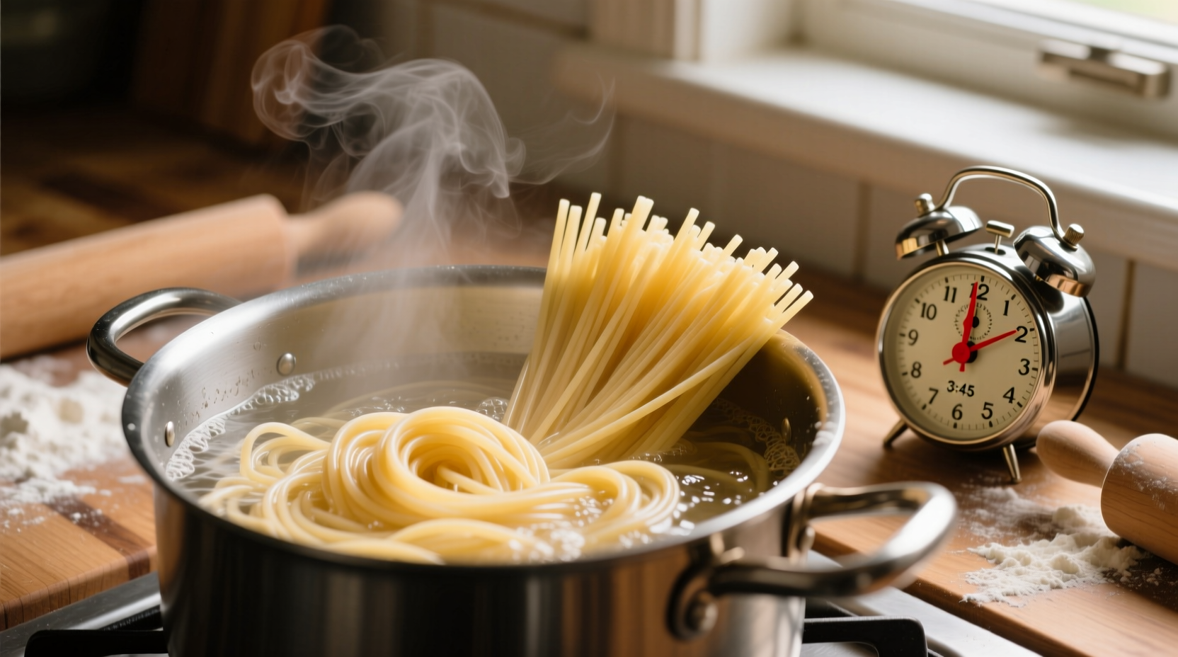 Fresh pasta cooking in boiling water with timer
