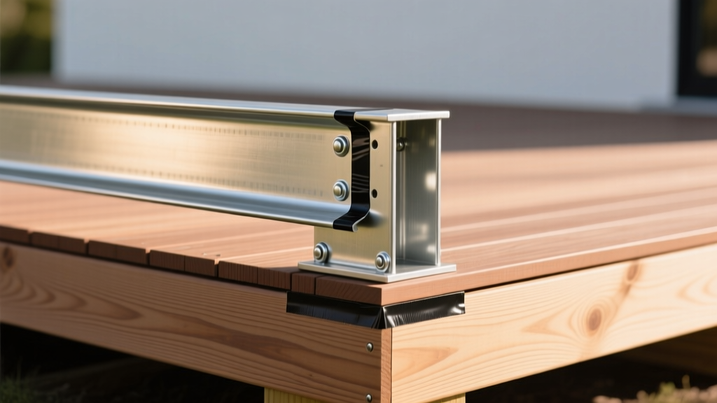 Framed 10x16 pressure-treated deck structure showing galvanized joist hangers, black butyl tape, and stacked composite boards