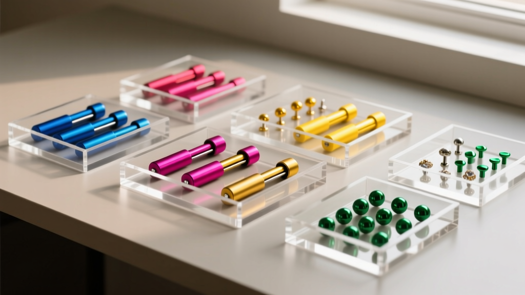 Clear acrylic body jewelry display trays on a minimalist desk, organizing colorful anodized titanium clickers and labret studs.