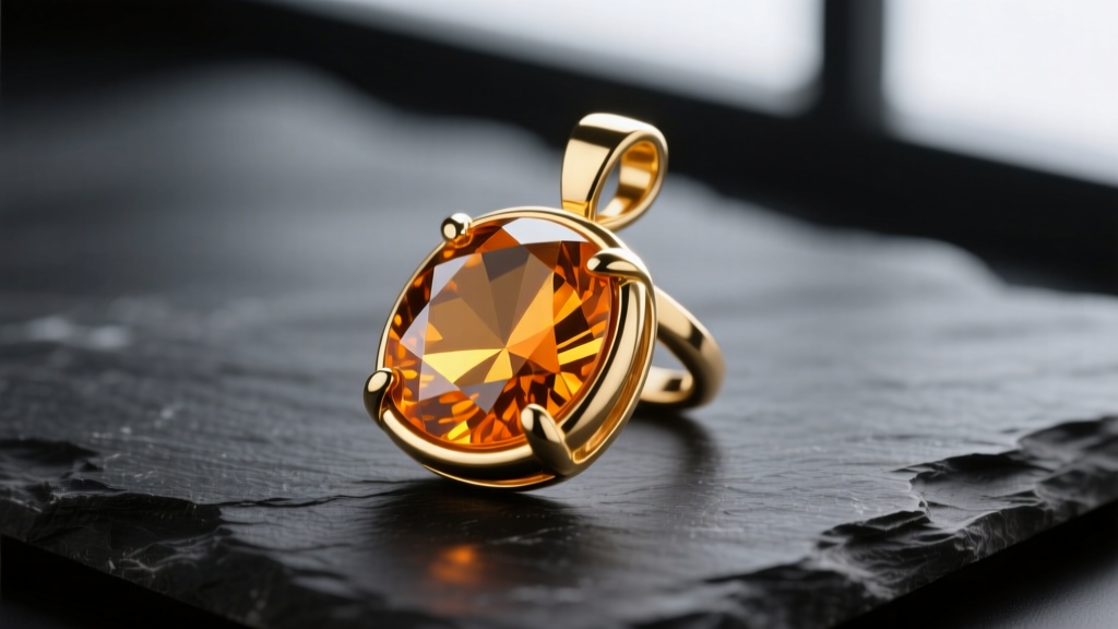 Macro shot of 14k gold bezel-set citrine pendant on dark slate, highlighting the golden-orange gem hue and polished metal finish.
