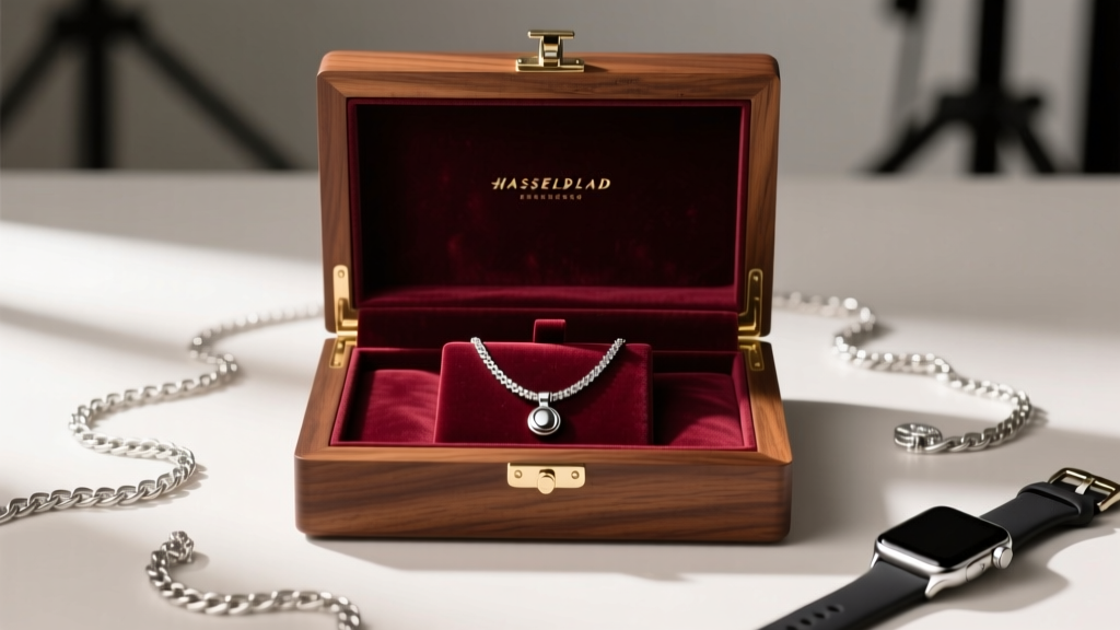 Velvet-lined wooden jewelry box showing a magnetic necklace stored safely away from silver chains and electronic smartwatches.