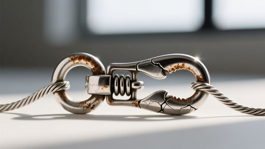 Macro view of a tarnished 925 sterling silver lobster clasp on a delicate cable chain, highlighting spring mechanism wear and tear