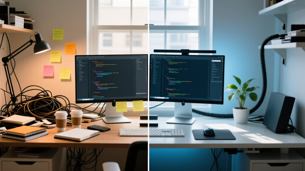 Wide shot of a dual-monitor desk setup transitioning from a cluttered beginner state to a clean expert command center.