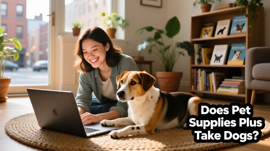 A person smiling while reviewing a dog's rehoming profile on a laptop, with a friendly dog resting beside them