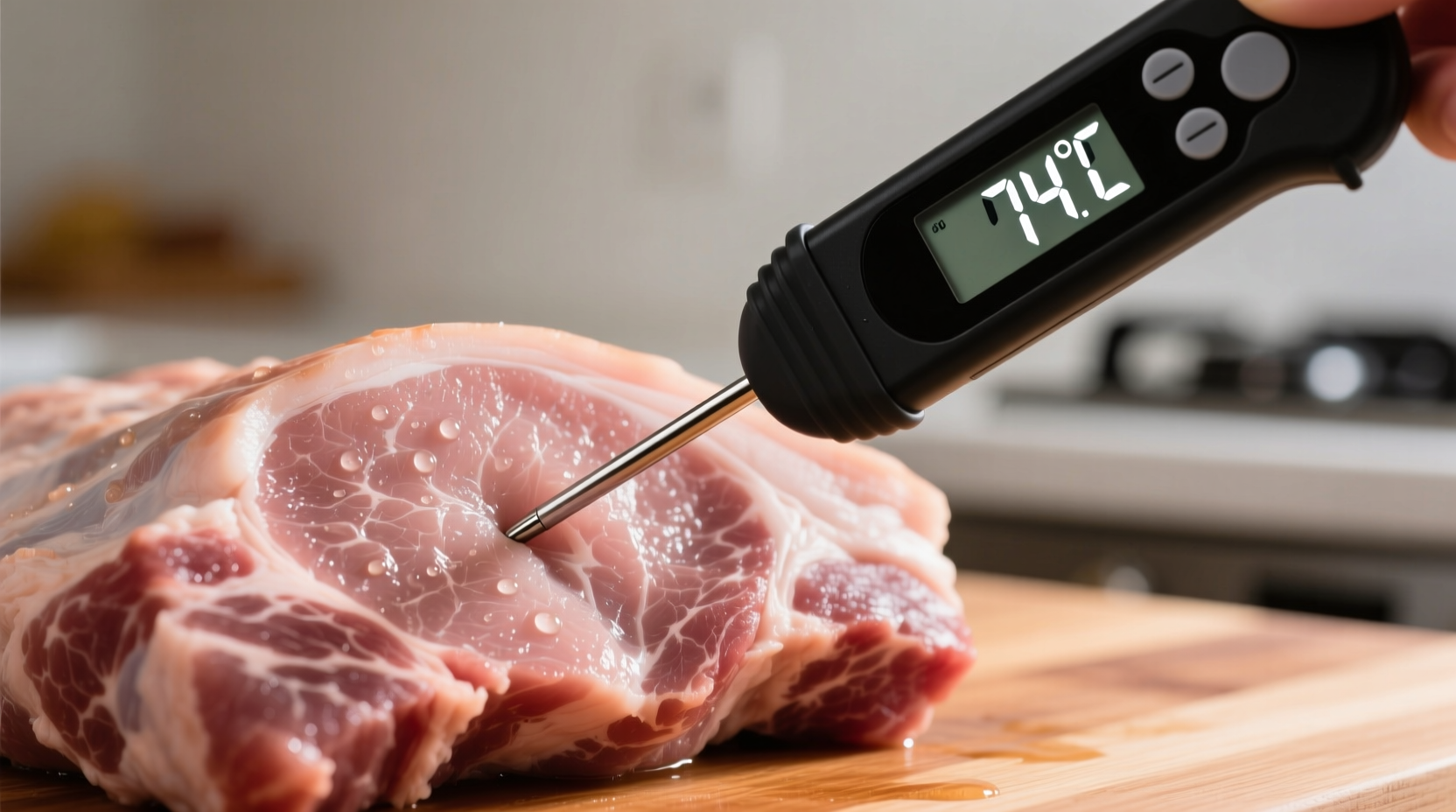 Digital thermometer measuring pork temperature
