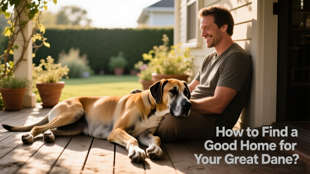 A calm, well-groomed Great Dane resting beside a person on a sunlit porch, illustrating trust and comfort