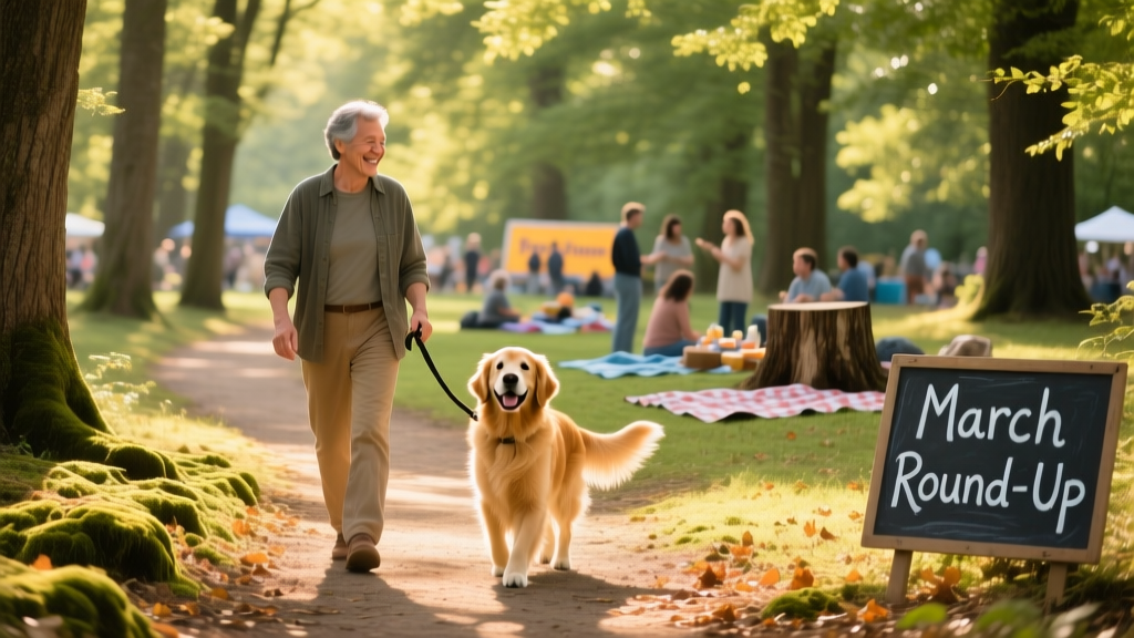 A person walking a dog on a sunny, leafy path