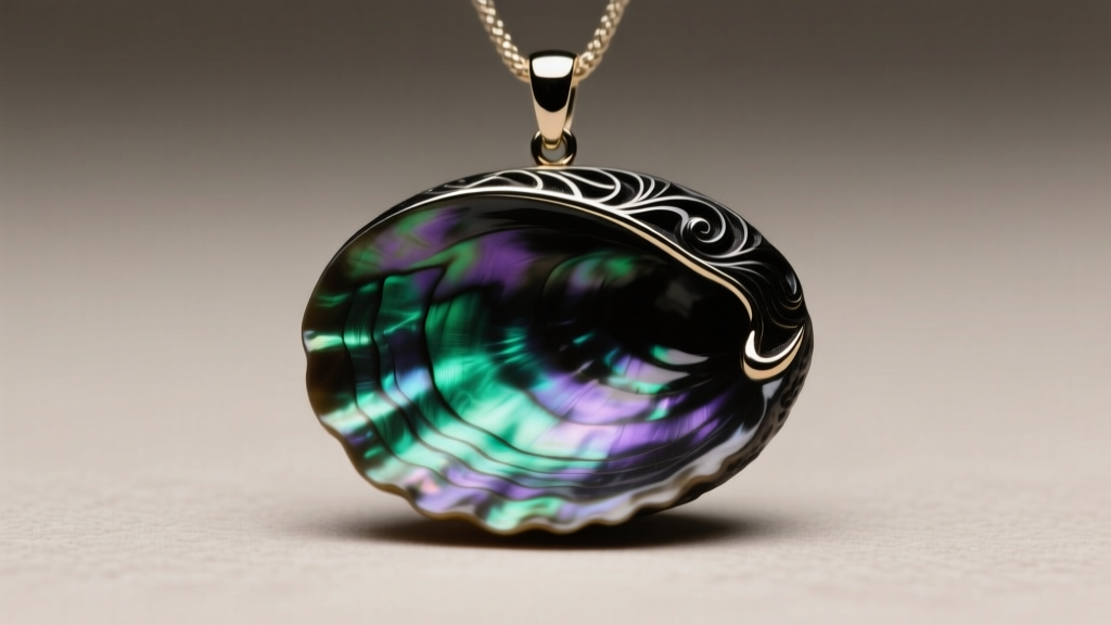 Macro close-up of a carved Tahitian black-lip mother-of-pearl clam shell pendant revealing iridescent green and purple hues.