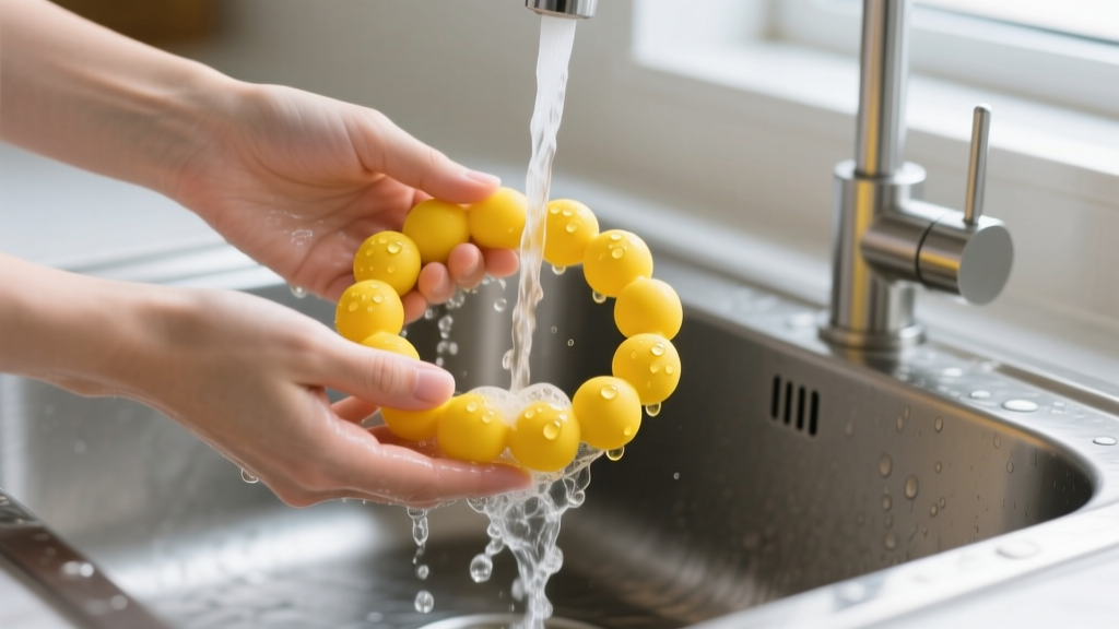Hands washing a bright yellow silicone sensory necklace under running water in a steel sink using mild unscented liquid soap.
