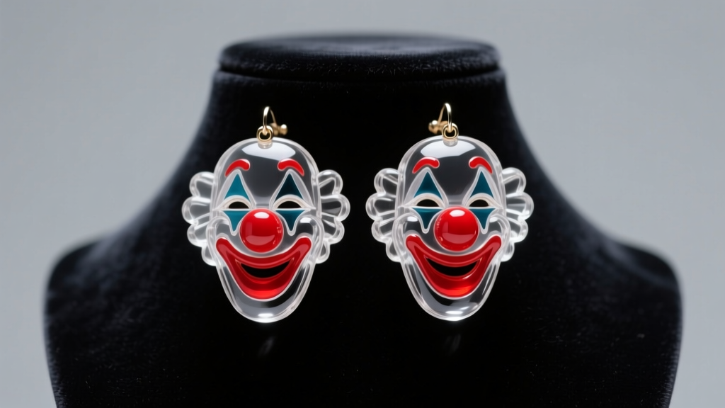 Acrylic clown face earrings with red noses on a velvet bust, lit by bright studio lighting to highlight their playful aesthetics.