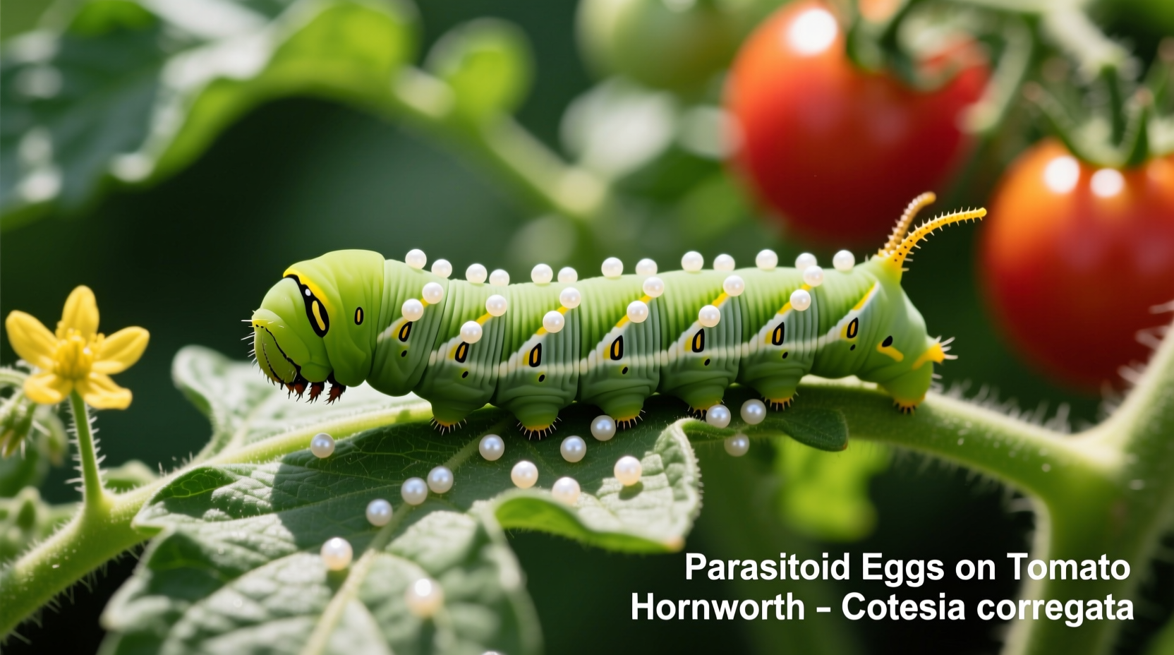 Tomato hornworm on tomato plant with white parasitic wasp eggs