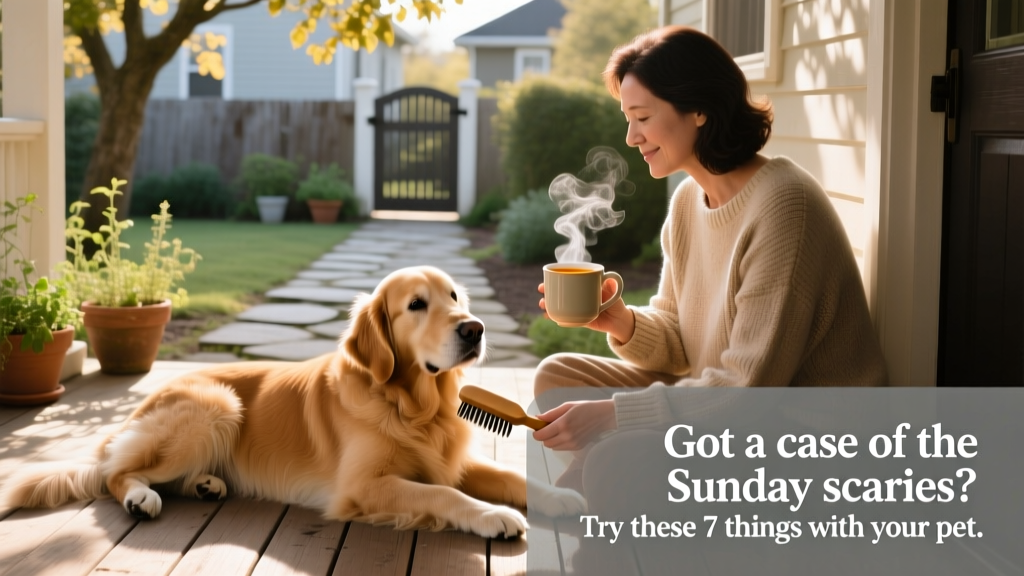 A calm dog receiving a gentle brush while its owner sits nearby with a cup of tea