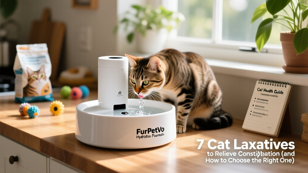 Cat drinking from a sleek, modern pet fountain labeled 'FurPetVo Hydration Fountain'