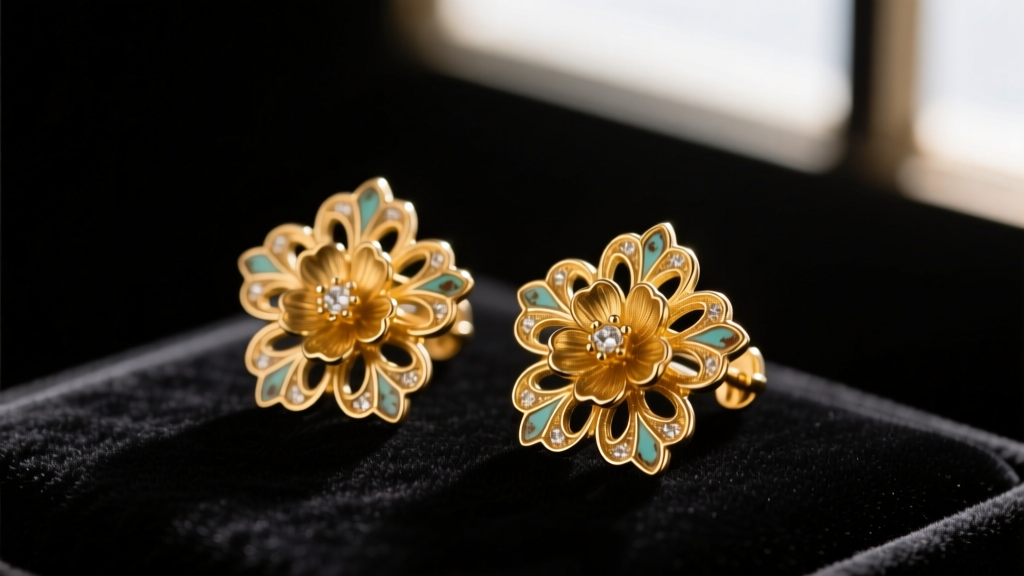 Close-up of vintage 1940s gold-filled floral clip-on earrings resting on a dark velvet jeweler's tray under warm, focused spotlight