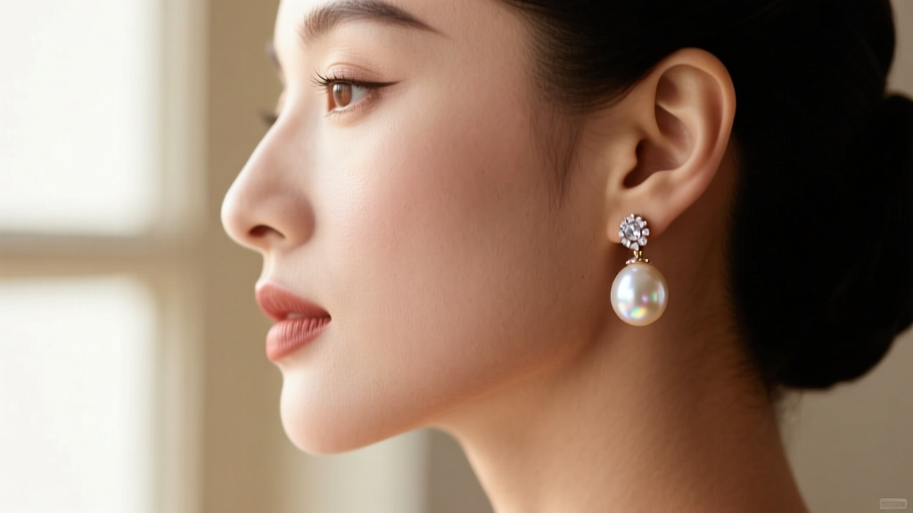 Side profile of a woman wearing mid-century 8mm Akoya pearl drop earrings with diamond caps, soft window lighting on the nacre.
