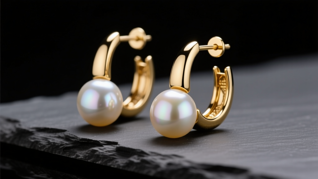 Close-up of elegant 14k gold hoop pearl earrings resting on dark slate, illuminated by soft directional studio lighting.