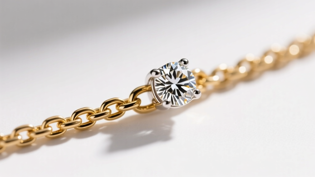 Macro shot of a 20-gauge 14k gold cable chain connecting to a tiny diamond solitaire pendant bail, studio lighting, sharp focus