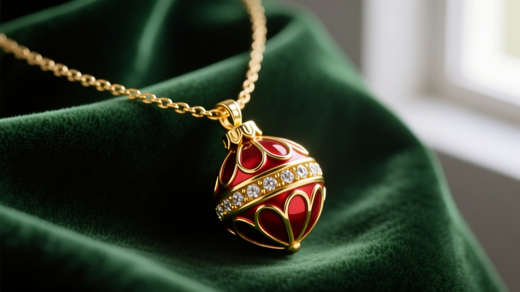 Macro shot of a gold vermeil necklace with a red and gold enamel christmas bulb pendant resting on dark green velvet.