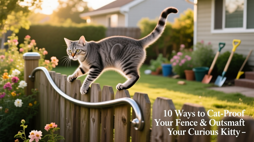 Grey cat attempting to climb a garden fence with a curved topper installed