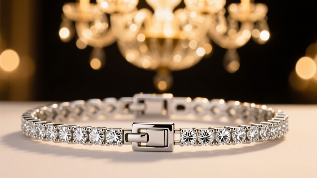 Close-up of a platinum diamond tennis bracelet catching warm chandelier light at a gala, focusing on the secure box clasp.