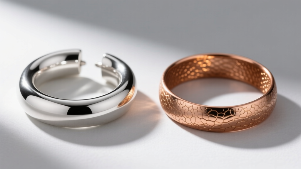 Side view of a solid sterling silver heavyweight hoop next to a hollow electroformed copper hoop showing identical outer dimension