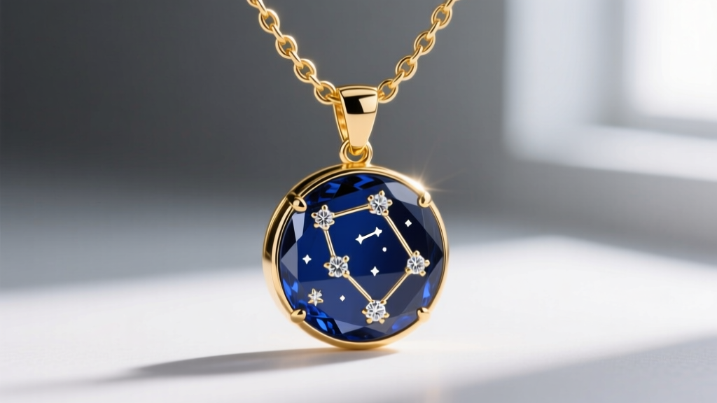 Macro shot of a 1.2mm solid gold box chain threading through the diamond-cut bail of a sapphire zodiac constellation pendant