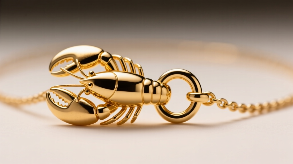 Close-up of a gold lobster clasp on a necklace, soft lighting emphasizing the polished metal and a secure jump ring attachment.