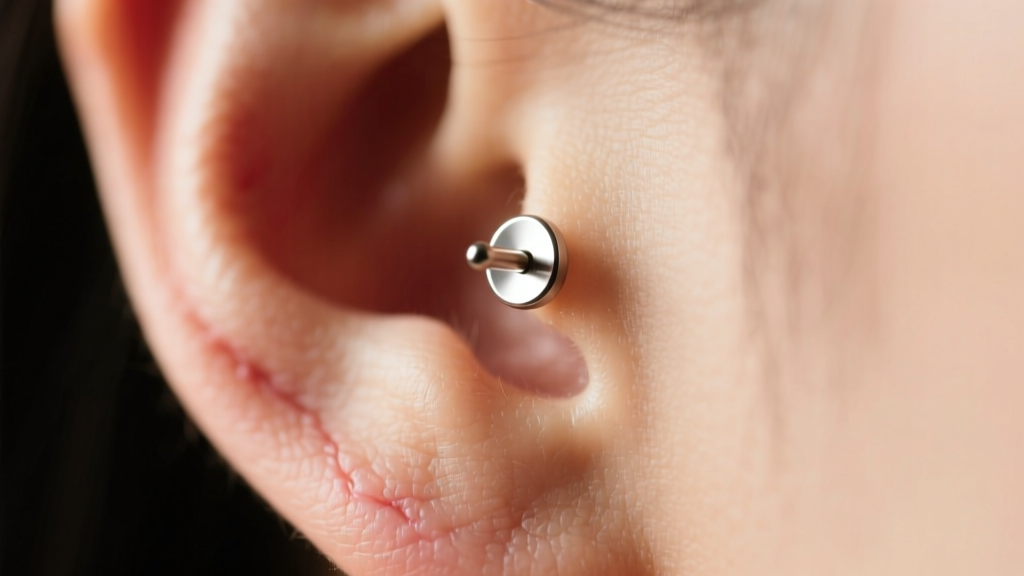 Close-up of a freshly pierced earlobe wearing an 18-gauge titanium flat-back stud under soft, warm studio lighting conditions