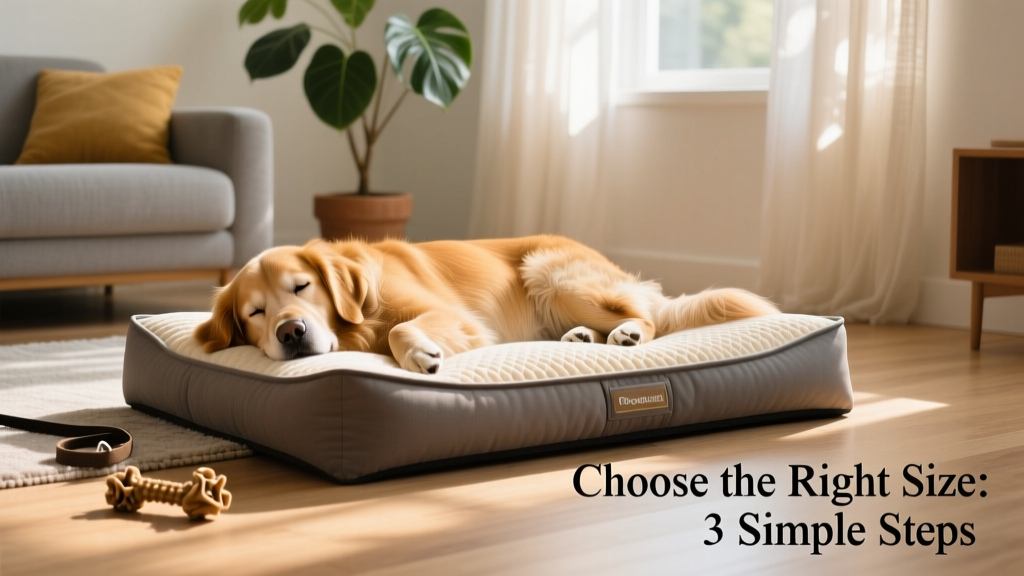A calm dog lying comfortably on a soft, supportive dog bed in a sunlit living room