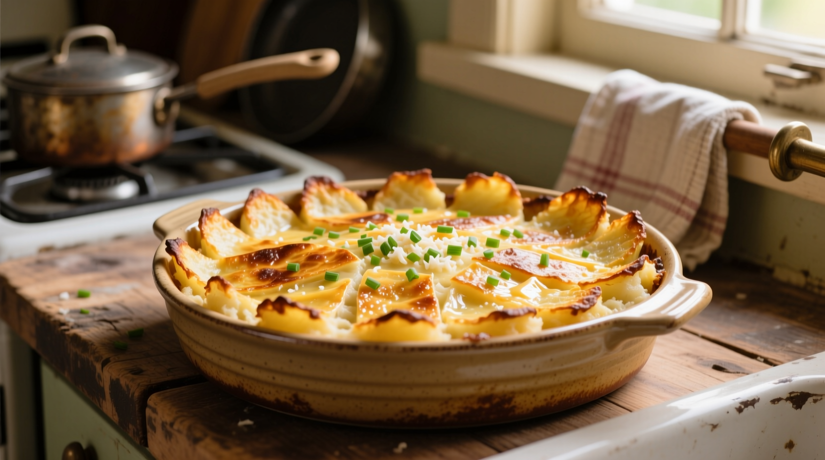 Golden brown hash brown casserole in baking dish