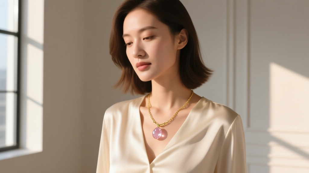 Woman wearing a layered rose quartz necklace with a gold paperclip chain over a cream silk blouse, soft natural window lighting.