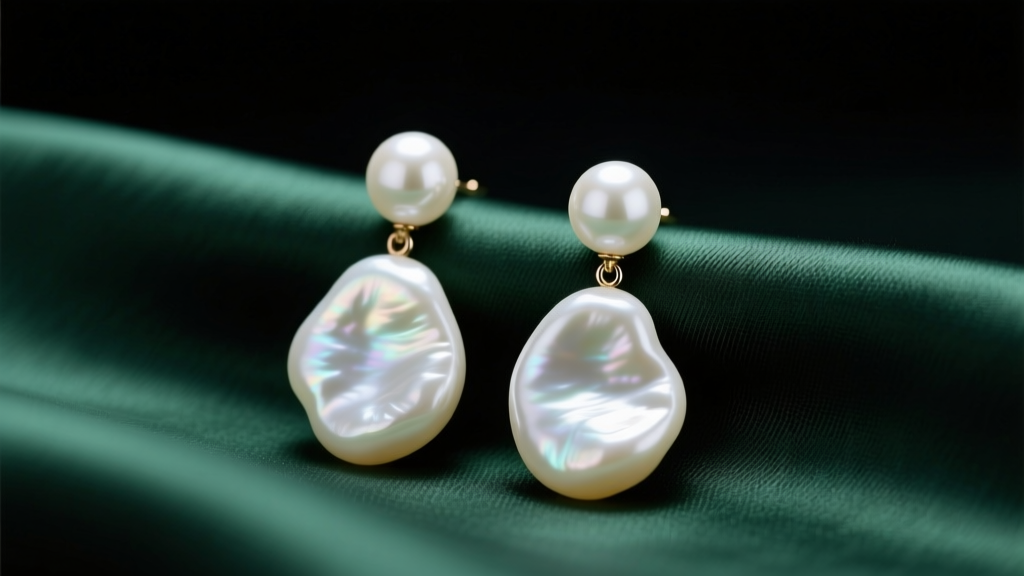 Large white freshwater baroque pearl drop earrings resting on dark emerald silk fabric under soft and directional studio lighting