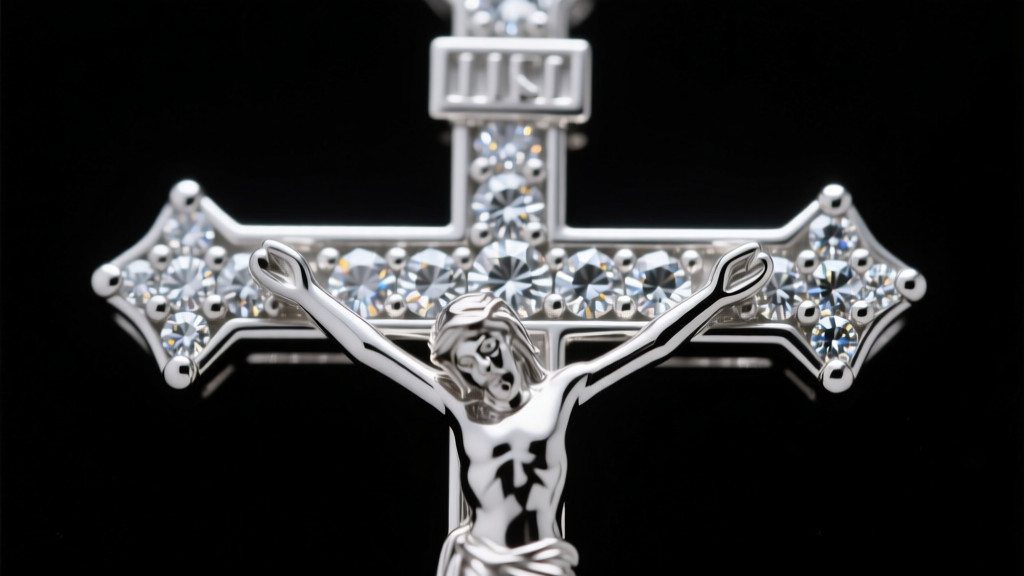 Macro shot of a platinum crucifix with pave diamonds showing prong settings and high polish against a dark velvet background