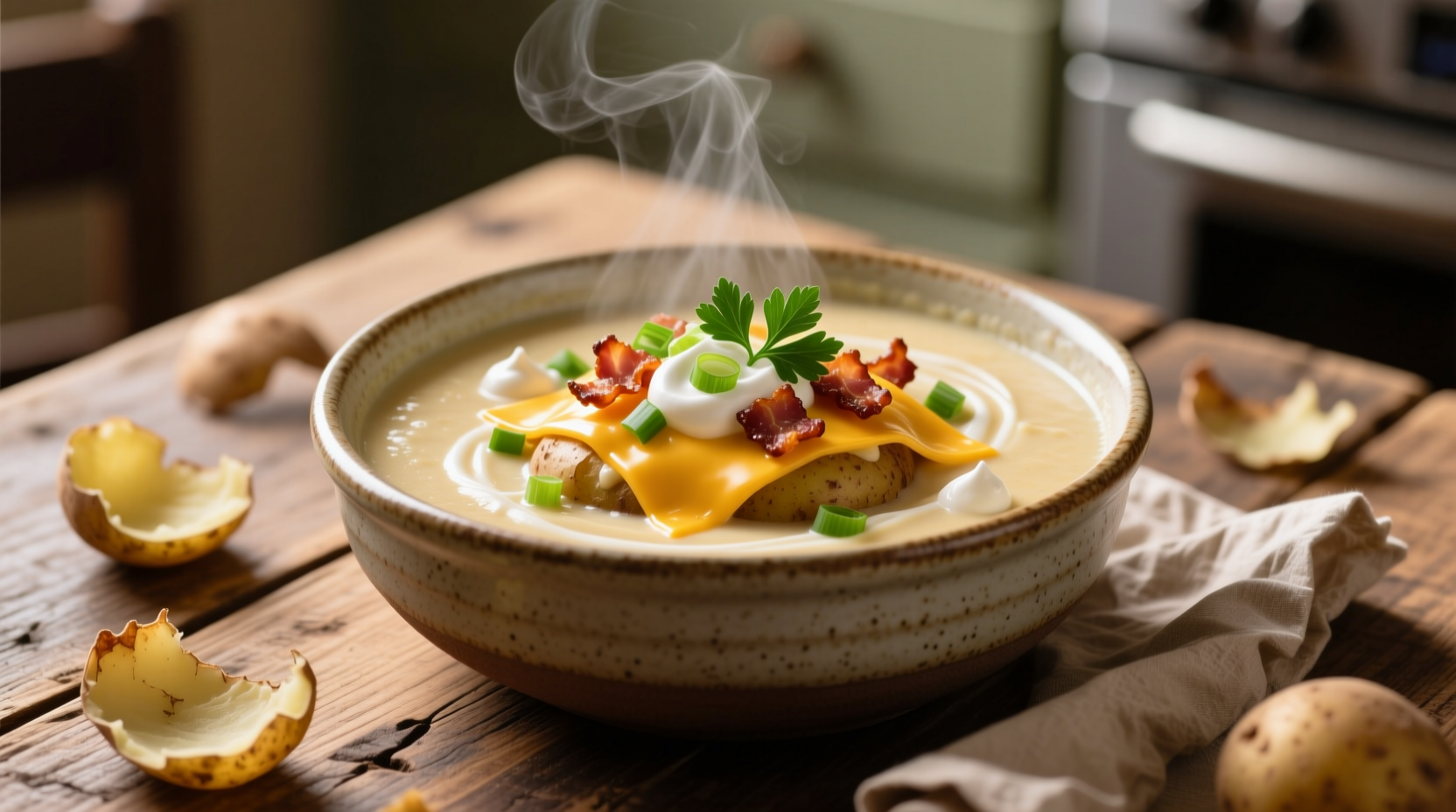 Creamy loaded baked potato soup in bowl with toppings