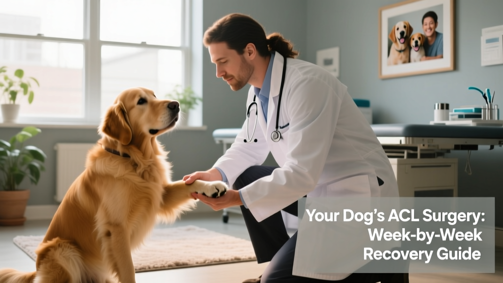 Veterinarian examining a dog's hind leg during a pre-surgical consultation