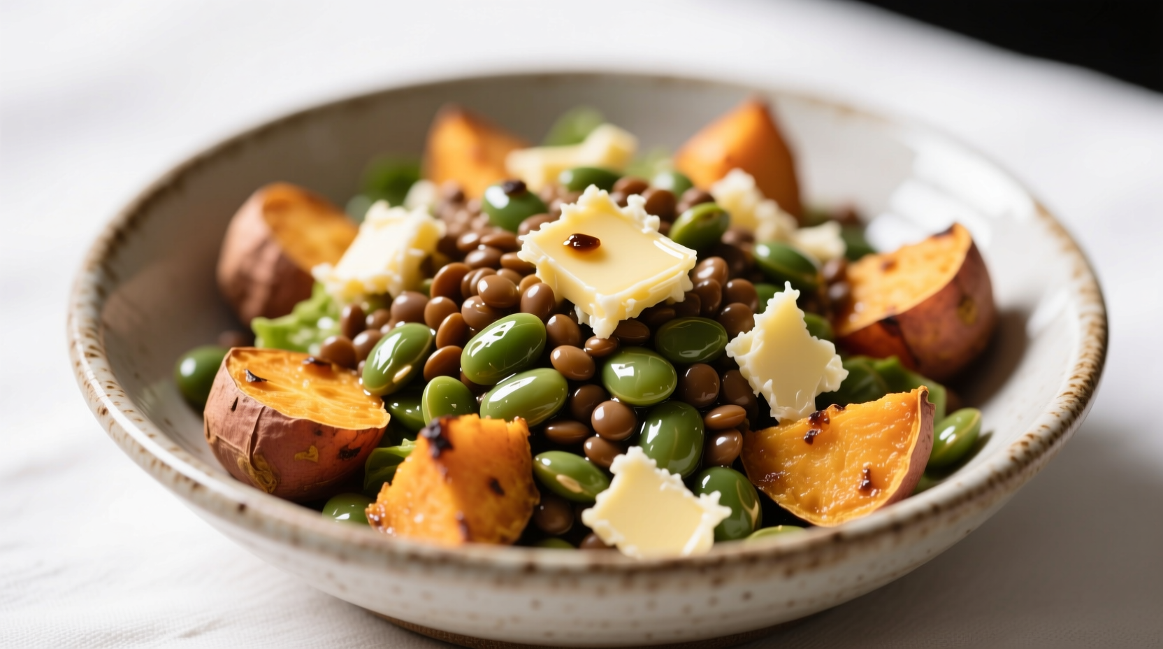 Brown butter lentil and sweet potato salad with arugula and toasted almonds on a wooden table