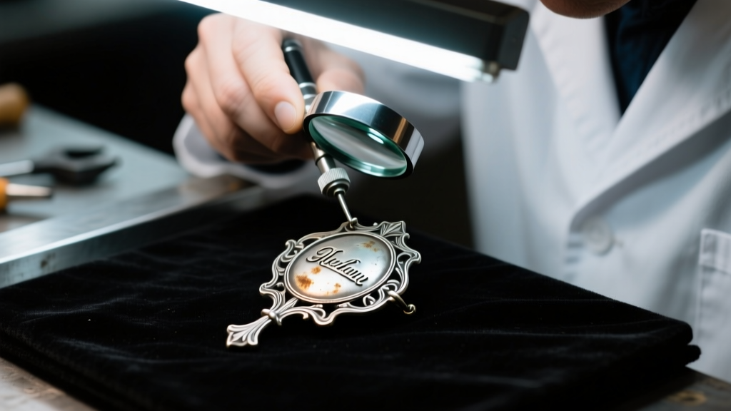 Jeweler using a loupe to inspect the hallmark on an antique cast pewter brooch under bright, focused LED bench lighting.