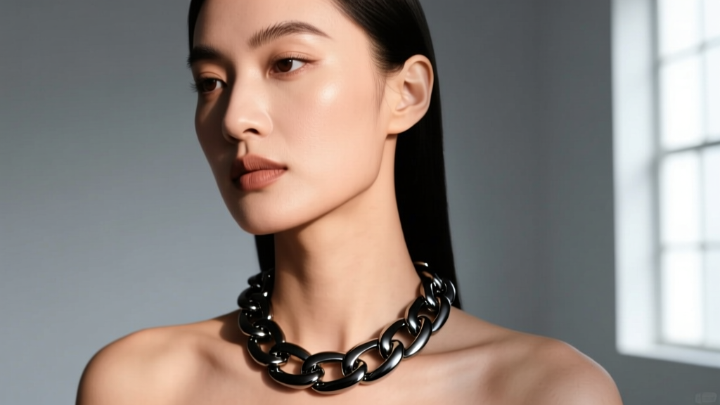 Close-up portrait of a woman wearing a thick 12mm black PVD titanium Cuban link necklace against a minimalist grey studio backdrop