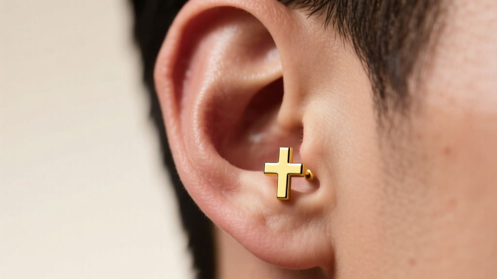 Close-up of a male earlobe wearing a minimalist 14k yellow gold cross stud earring under soft, warm studio lighting.