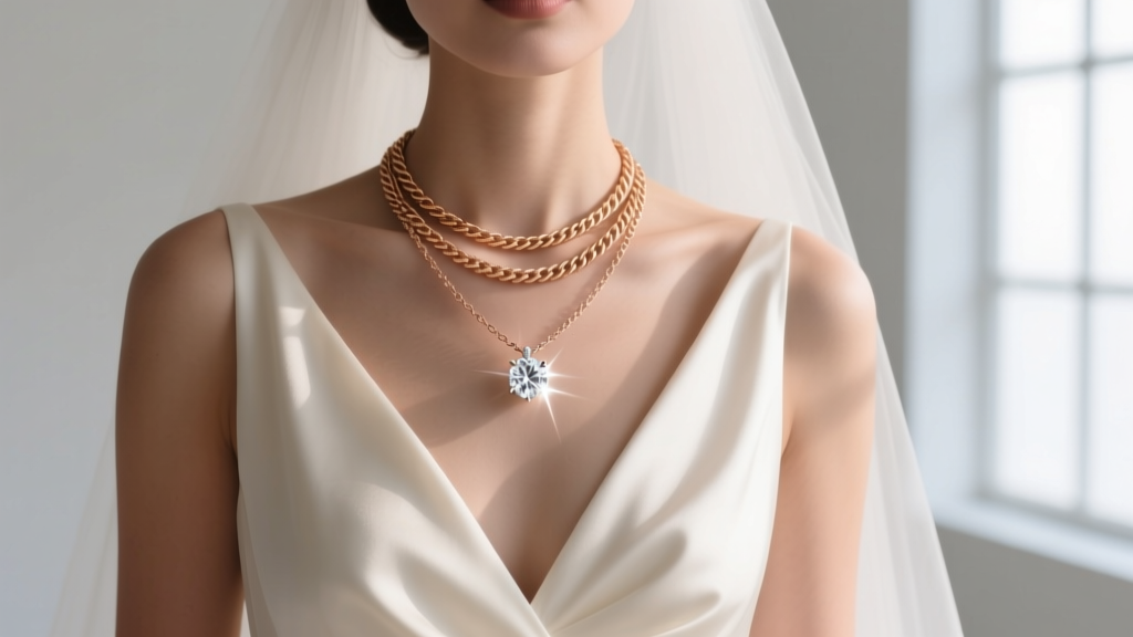 Bride wearing a layered 14k rose gold rope chain and floating moissanite engagement necklace over a silk V-neck gown.