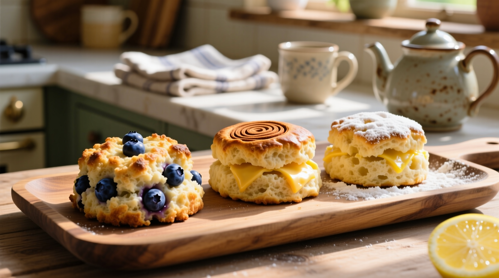 Variety of homemade scone flavors: blueberry, cheddar, and lemon