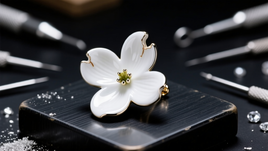 Close-up of a white enamel dogwood earring with a chipped petal on a dark jewelers bench under bright LED lighting.