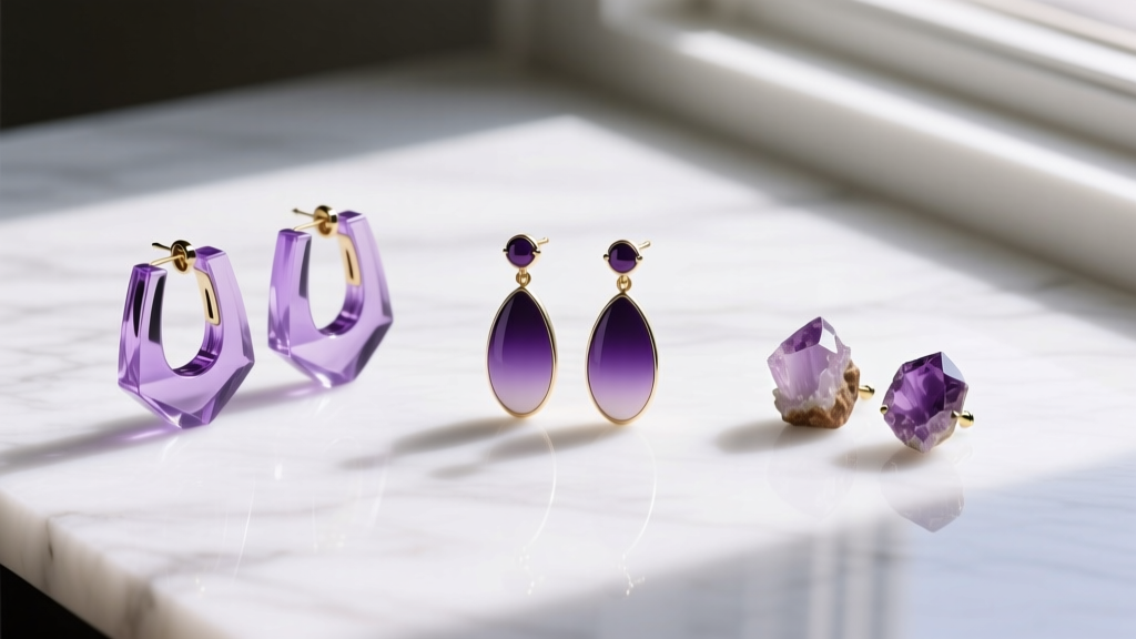 Flat lay of purple statement earrings including acrylic hoops, enamel dangles, and raw amethyst studs on a white marble surface.